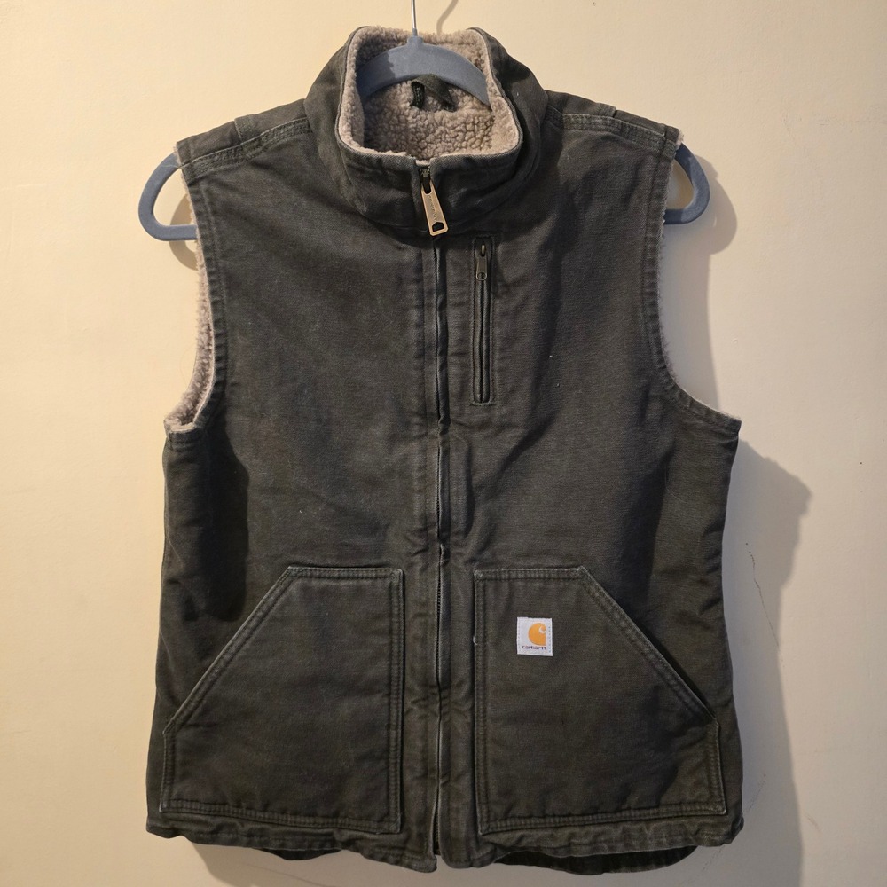 Carhartt Sandstone Sherpa Lined Vest Womens Small Grey Workwear Mock Neck WV001